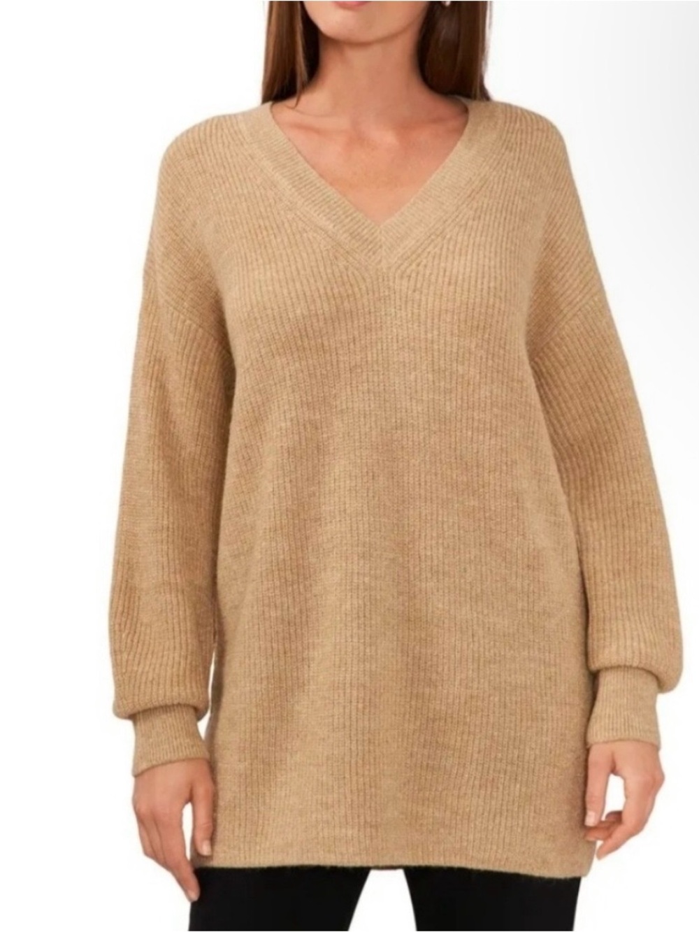Halogen Tan V-Neck Tunic Sweater - XXS